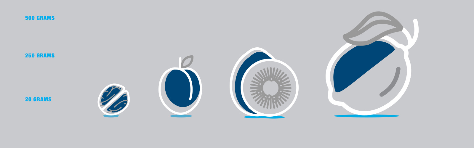 Illustrerad ikon av en valnöt, aprikos, kiwi och citron med deras vikt på vänster sida Illustrerad ikon av en valnöt, aprikos, kiwi och citron med deras vikt på vänster sida